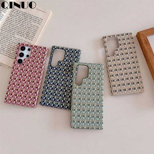 Fashion Grid Woven Cloth Braid Contrasting Color Breathable Phone Case For Samsung Galaxy S24 S23 S22 Ultra TPU Shockproof Cover