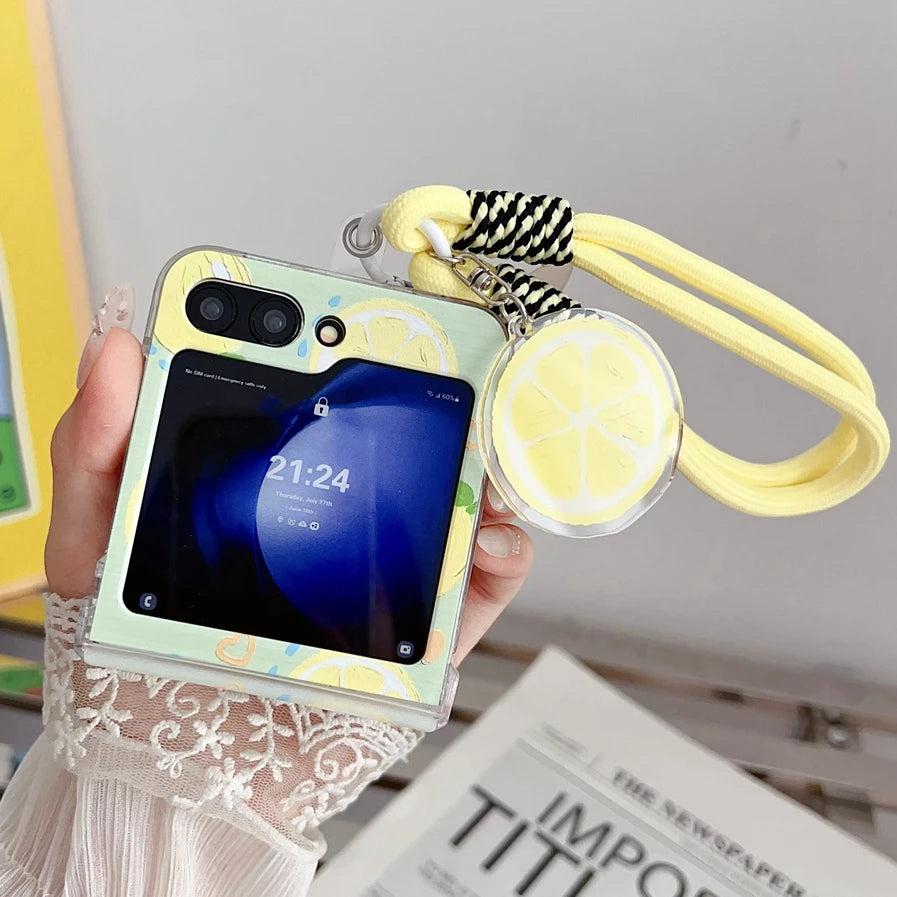 Cute Lemon Phone Cover For Samsung Z Flip 6 5 4 7 flip3 Wrist Chain Cases For Galaxy Z Flip 4 5 Hard Hinge Thin Protective Cover