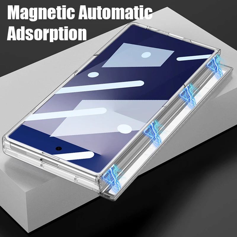 Clear Magnetic Auto Adsorption Phone Case For Samsung Galaxy Z Fold 7 6 Fold7 Fold6 Fold5 5G Vintage Moon Print Hard PC Cover