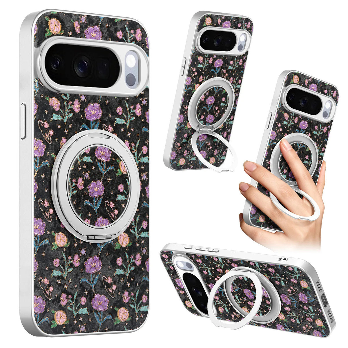 360 Rotating Magnetic Bracket Plant Flower Leather Phone Case for For Google Pixel 11 PRO/PRO-XL/10/9 A PRO XL Kickstand Cover