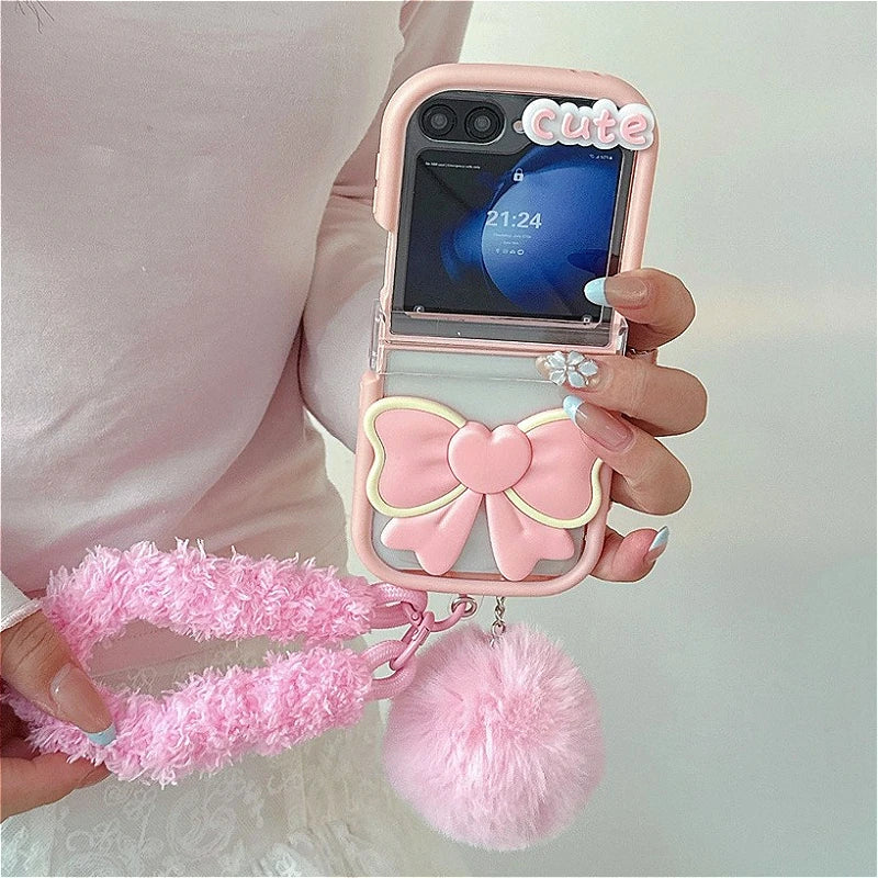 3D Bow Clear Case With Hairball Pendant For Samsung Galaxy Z Flip 3 4 5 6 7 5G ZFlip7 Protect Lovely 3-PIECE Set Cute Cover Gift