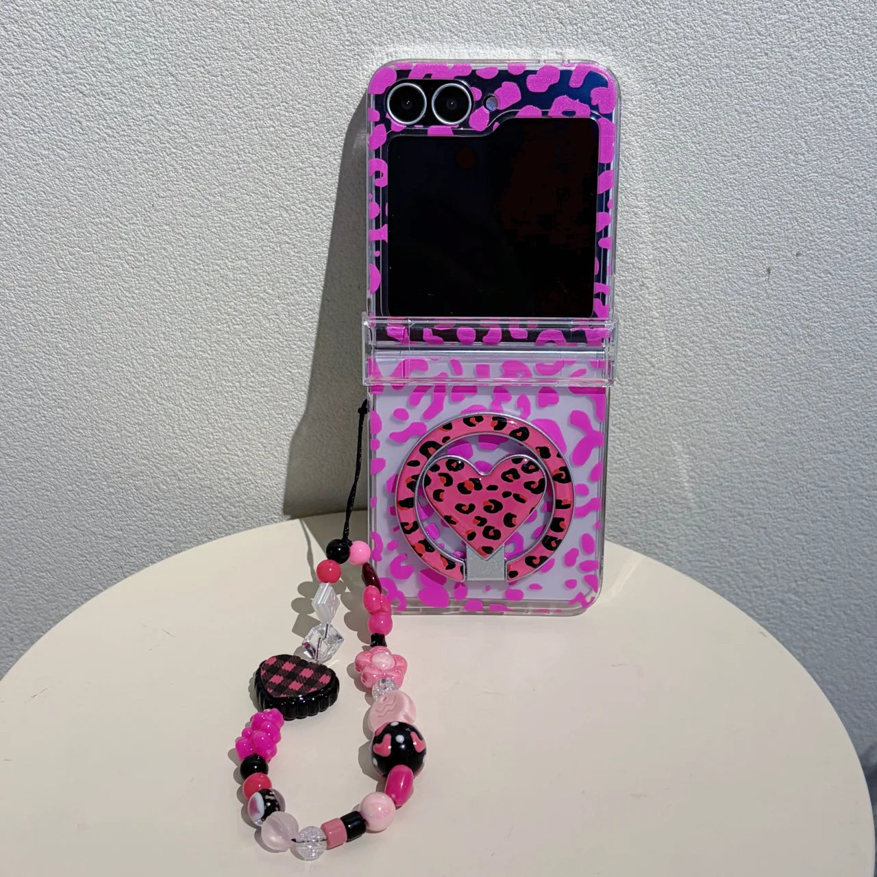 Transparent Leopard Pattern Stand Holder With Bracelet Phone Case For Samsung Z Flip 5 6 7 8 FE Shockproof Protective Cover