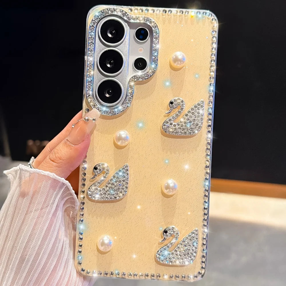 Luxury Diamond Swan Cover For Samsung Galaxy S26 Ultra S26 Plus Laser Heart Case For Samsung S23 S24 Ultra S25 Plus Pearl Case