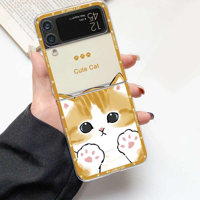Funny Cartoon Cat Couple Phone Case For Samsung Galaxy Z Flip 6 7 3 4 Clear Hard Folding Cover For Zflip 5 Lovely Animal Fundas