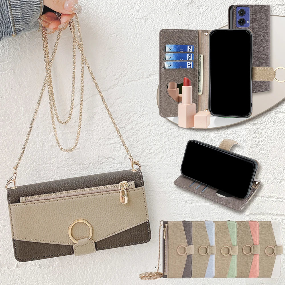 Flip Leather Crossbody Case for Motorola E14 G64 G64Y G85 G54 Moto G Power G Play G 5G 2024 Protect Cover Mini mirror Card Slots