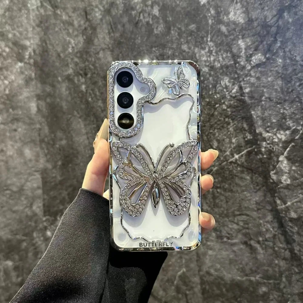 Bright Diamond Butterfly Case For Samsung Galaxy S25 S24 S23 S22 Plus Ultra A16 A26 A36 A56 A07 A17 A06 A55 A05S Clear Cover