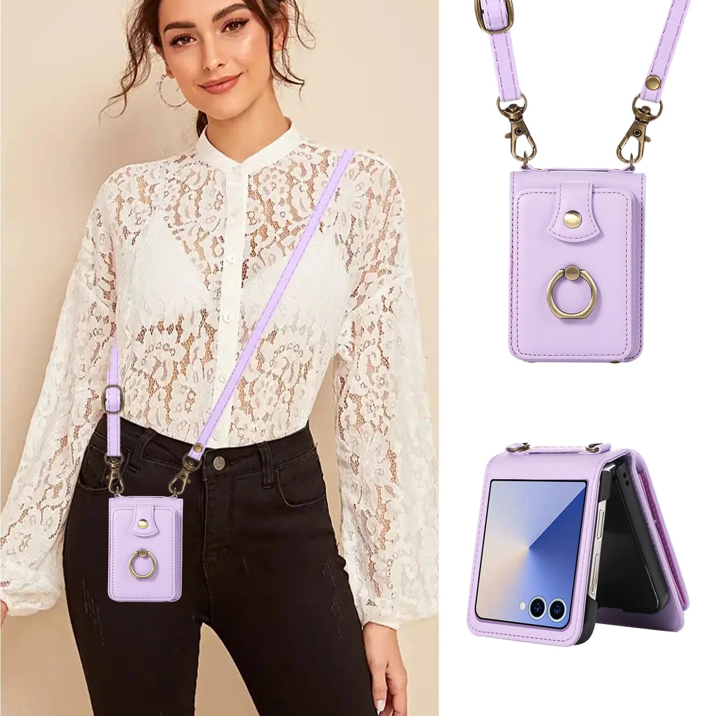 Ring Card Holder Leather Wallet Phone Case for Samsung Galaxy Z Flip 7 6 5 4 3 Flip7 FE Finger Crossbody Protective Cover