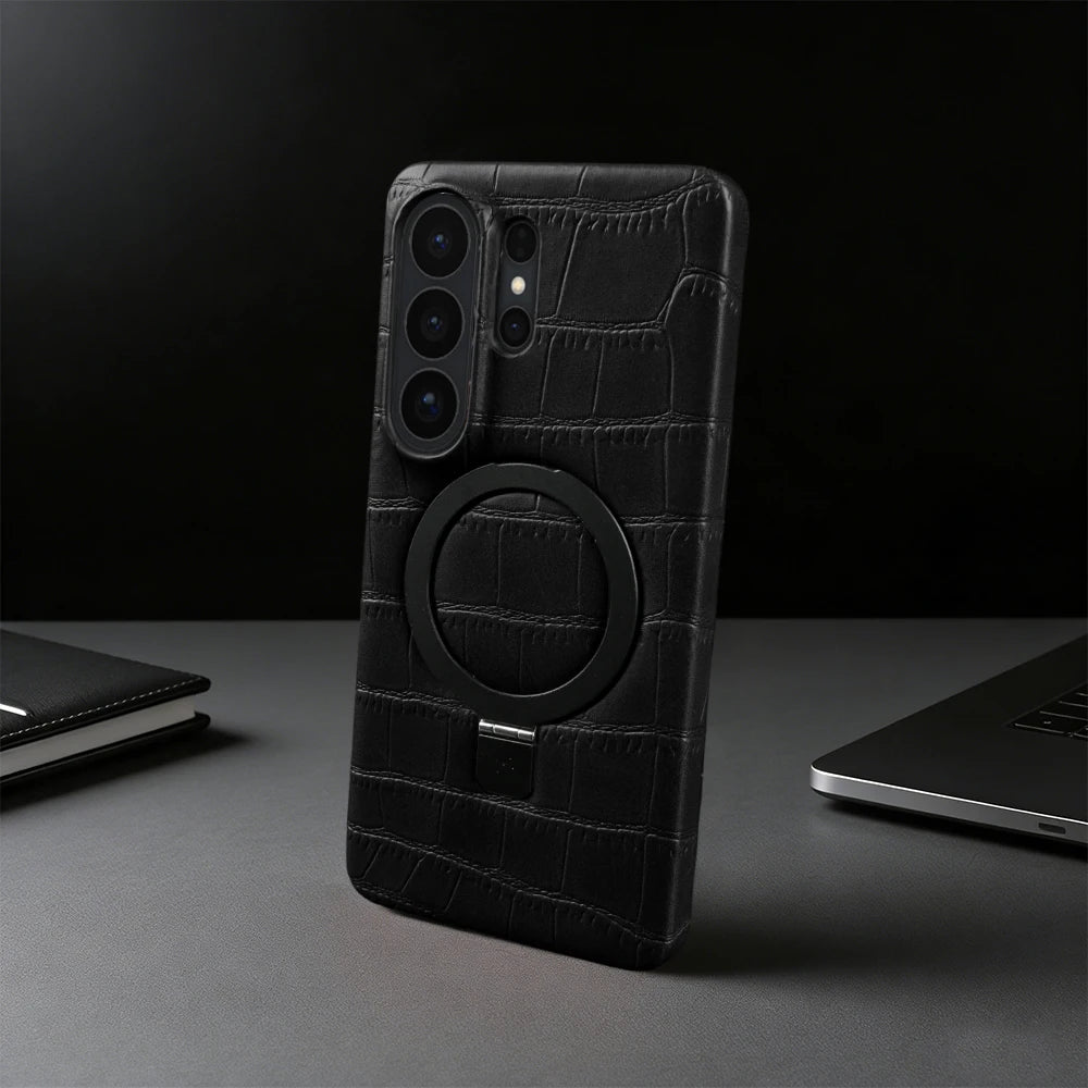 Magnetic Case For Samsung Galaxy S26 Ultra S25 Plus S24 FE S23 S22 S21 S20 Phone Case Back Cover Bracket Ring Crocodile Leather