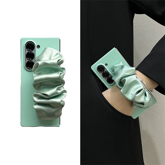 Senior Classic Korean Solid Color Phone Case with Silk Scarf Wristband for Samsung Galaxy Z Fold7 Z Fold6 Z Fold5 ZFold4 3 Cover