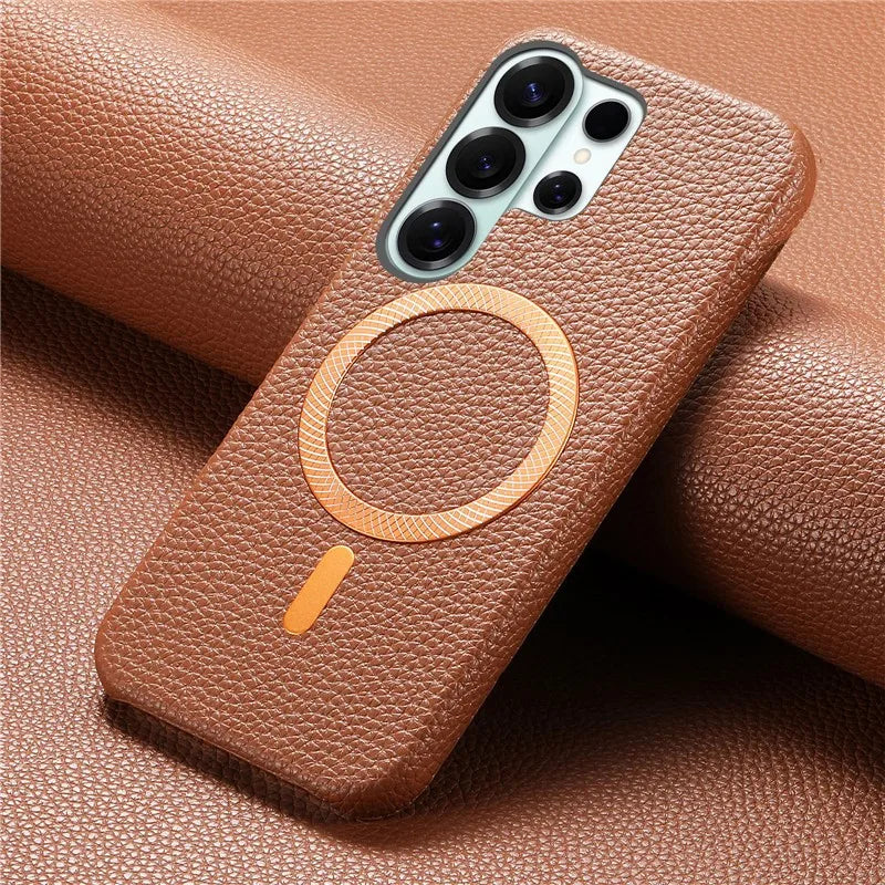 Luxury Leather Magnetic Attraction Case For Samsung Galaxy S25 S26 Ultra S21 S22 S23 S24 Plus Wireless Charging Anti-fall Cover