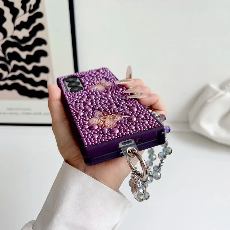 Fashional Crystal Bracelet Pearl Butterfly Phone Case For Samsung Galaxy Z Fold 7 6 5 4 3 Unique Fall prevention Protector Cover