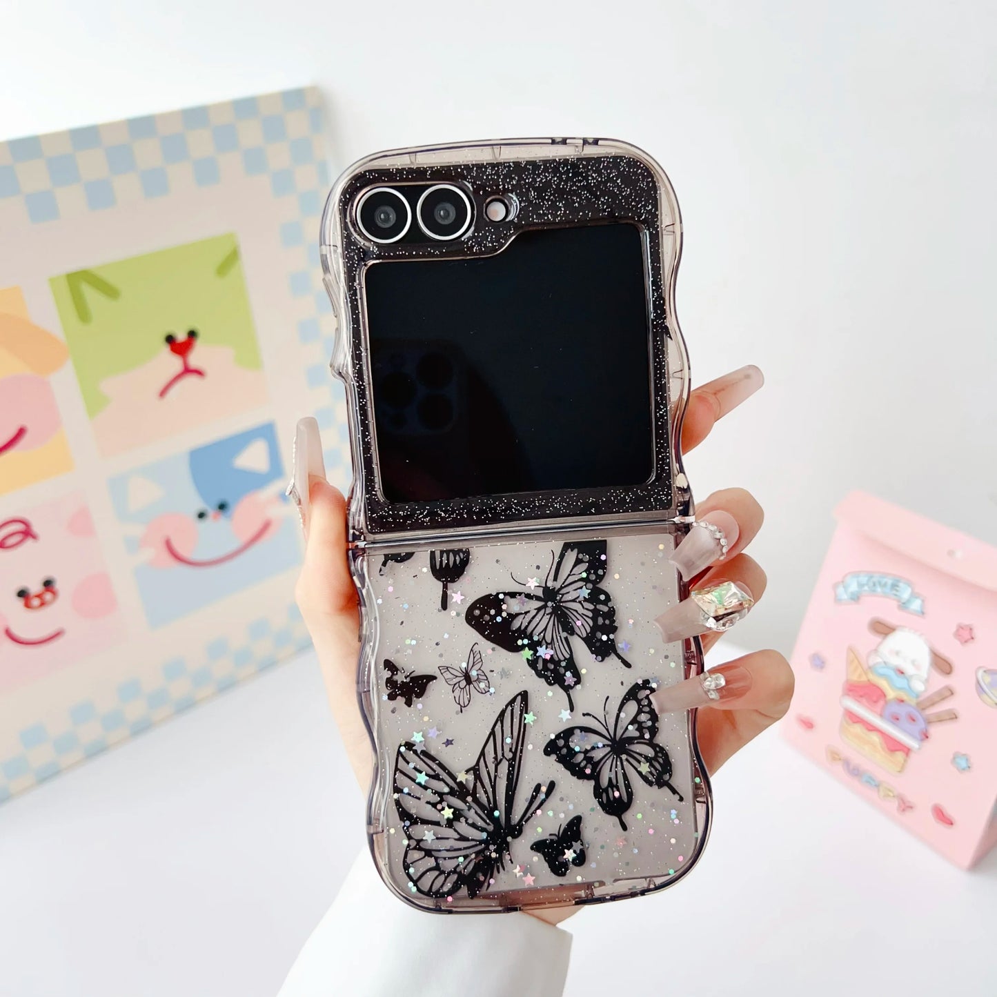 Butterfly Glitter Transparent Wavy Edge Silicone Case For Samsung Galaxy Z Flip 6 5 4 3 Sparkling Sequins Shockproof Phone Cover
