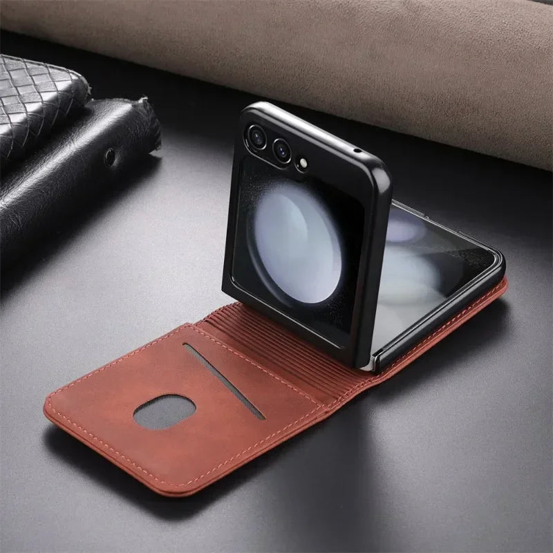 Simple Retro Pure Color Leather Phone Case For Samsung Galaxy Z Flip 7 6 5 4 3 Card Slot Bracket Wallet Shockproof Protect Cover