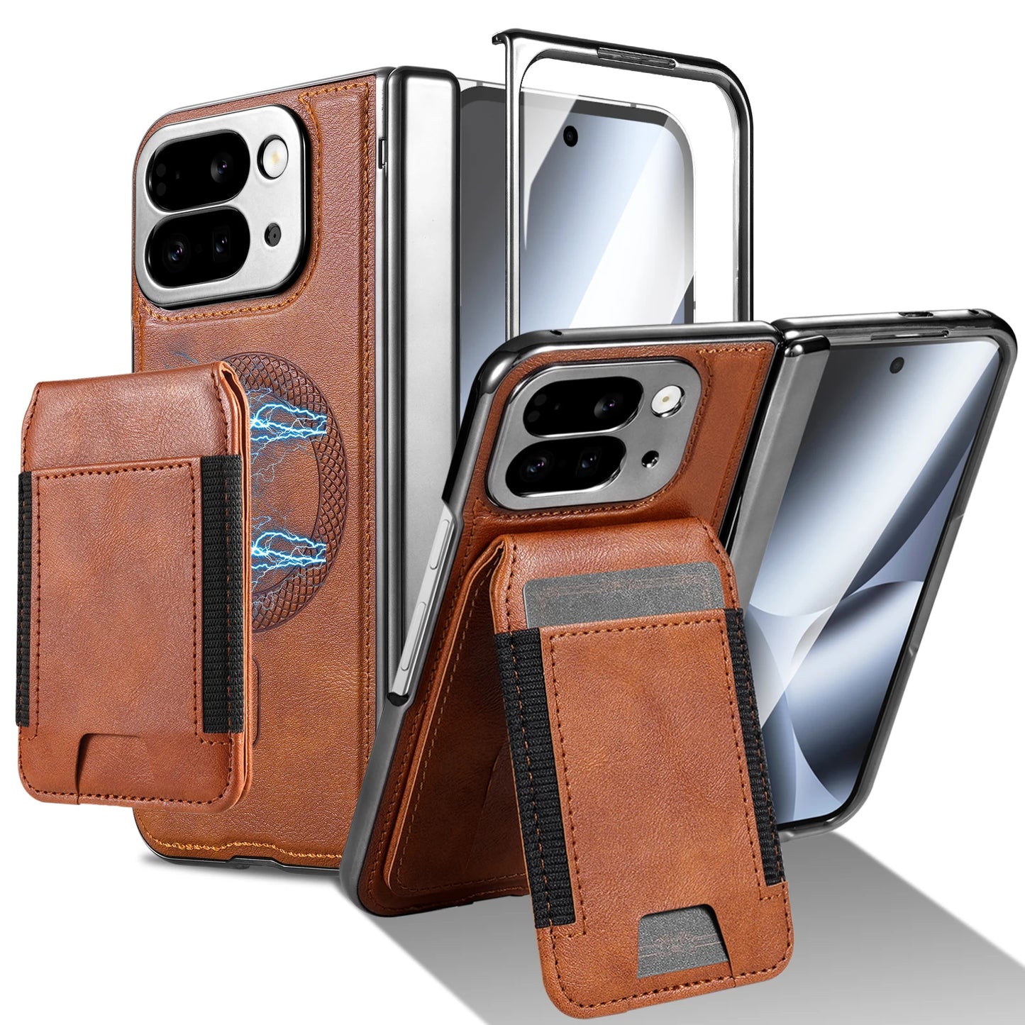 Leather stand protective strap and magnetic tempered glass screen protector phone case for Google Pixel 10 Pro Fold