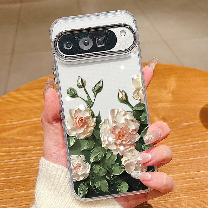 Rose Flowers Pattern Phone Case For Google Pixel 10 9 Pro XL 10 9 8 7 Pro 9A 8A 7A Shockproof Plating Soft TPU Transparent Cover