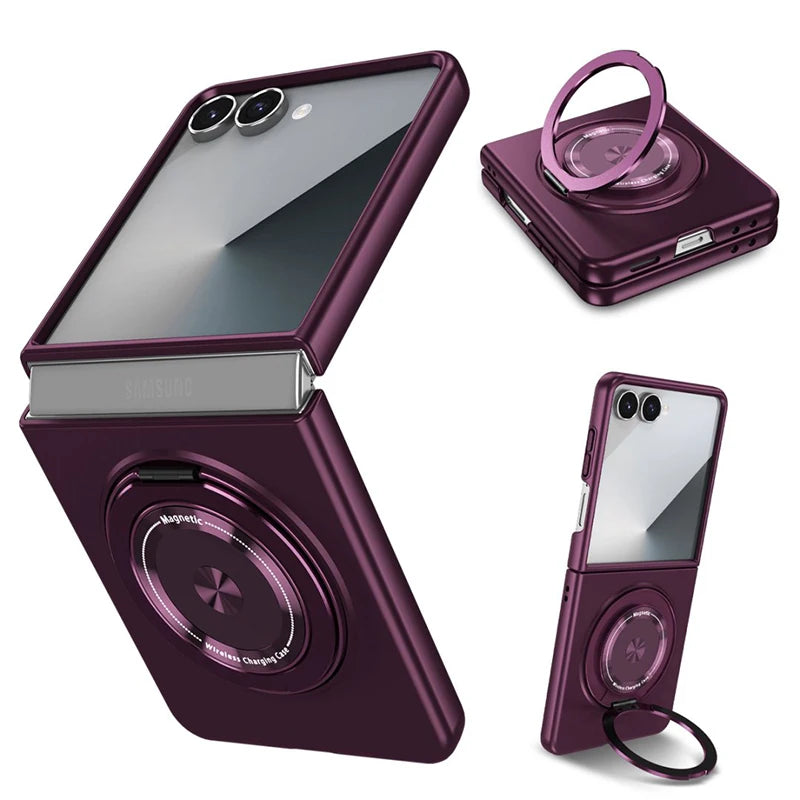 For Galaxy Z Flip7 Phone Case Magnetic Wireless Charging Flip 5/6 Hard Cover with Rotable O Holder,Anti Shock and Ultra Slim