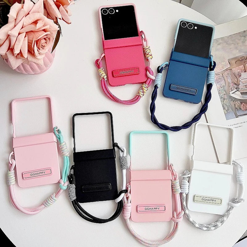 Korean Cute Gradient Color Phone Case For Samsung Galaxy Z Flip 7 6 5 4 3 ZFlip7 Flip6 5G Anti-lost Hand Strap Holder Back Cover