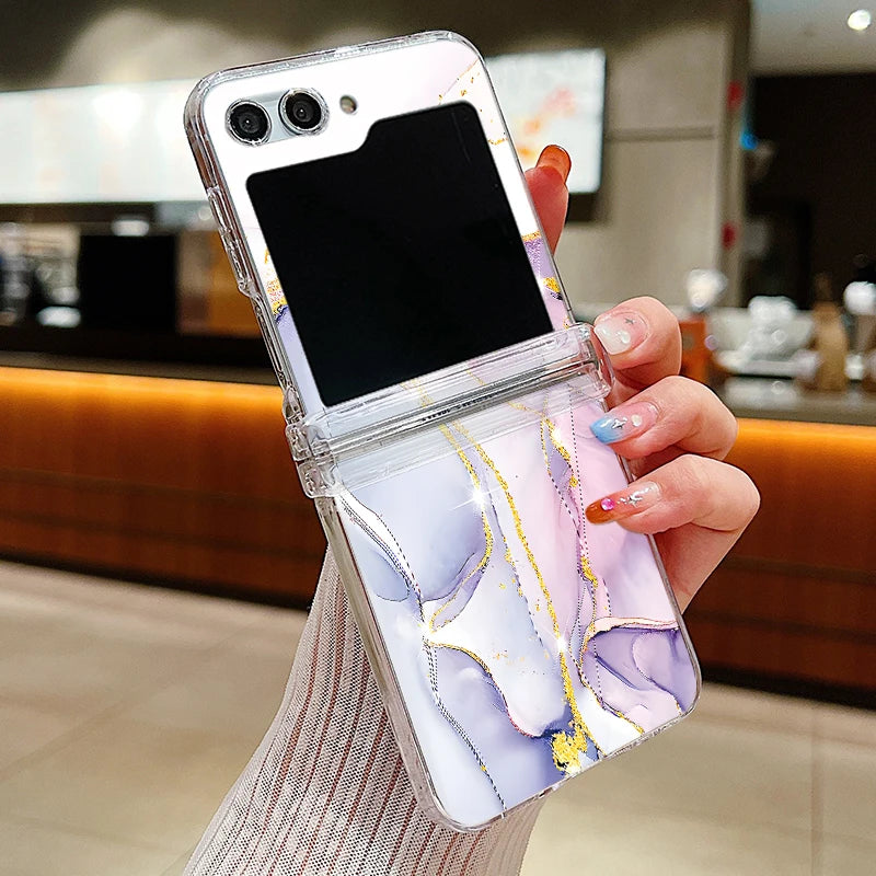Ink Marble Pattern Clear Phone Case For Samsung Galaxy Z Flip7 FE Flip5 Flip6 Folding Hard Cover For Samsung Z Flip 7 6 5 4 3 5G
