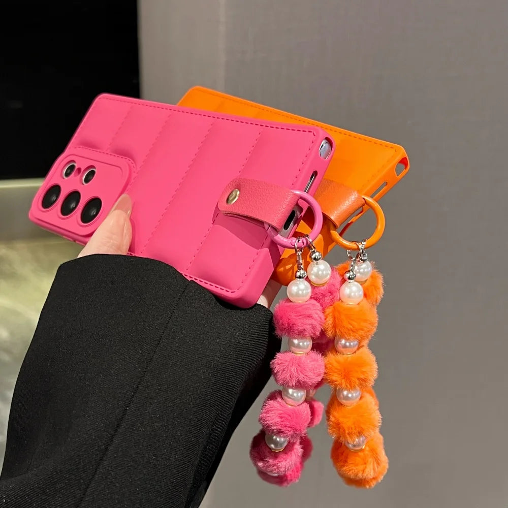 Down Jacket Style Phone Case with Plush Pearl Wrist Strap For Samsung Galaxy S26 S25 S24 Ultra S23 FE S22 S21 Plus A17 A07 A56
