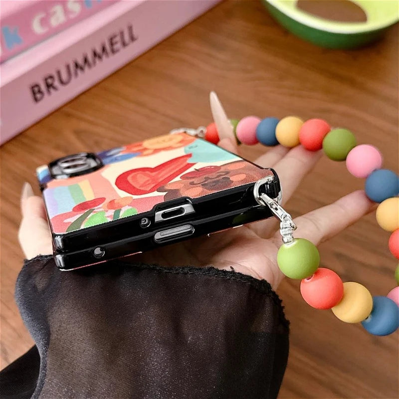 Luxury Oil Painting Sun Phone Case For Samsung Galaxy Z Fold 8 ZFold8 Side Buckle Protection Cover With Colorful Beads Chain