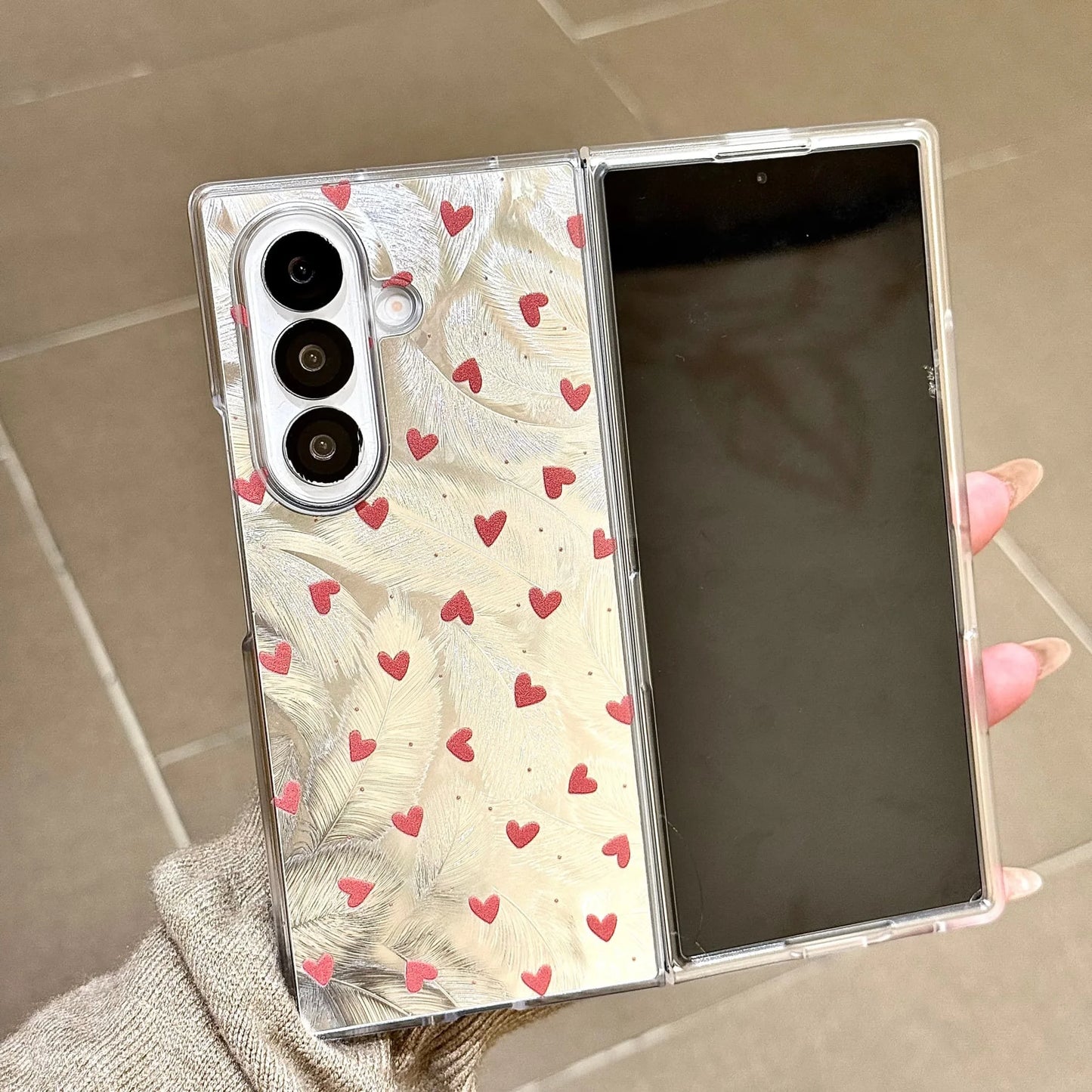 for Samsung Galaxy Z Fold 7 6 5 4 3 fold7 Strap Pendant Fold Phone Case Ins New Feather Love Heart Silver Cover