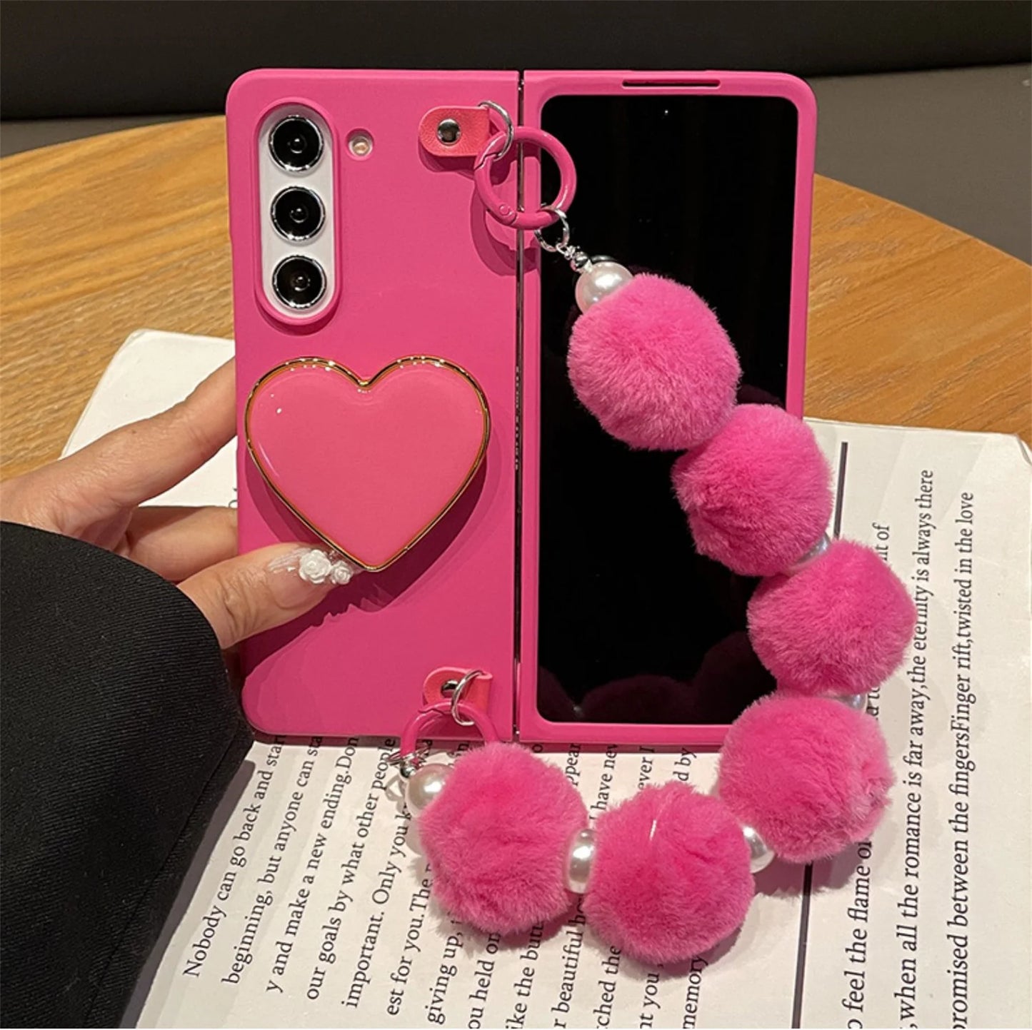 New Korean Rose Red Plush Ball Love Bracelet Pearl Bracelet Case for Samsung Galaxy Z Fold7 Z Fold6 Z Fold5 Z Fold4 ZFold3 Cover