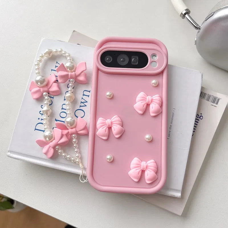 Bow Pearl Chain Rope Phone Case For Google Pixel 7 8 9 10 Pro XL 7A 8A 9A 9 Google Pixel 7 Pixel 8 8A Pixel 9 Pro XL Soft Cover