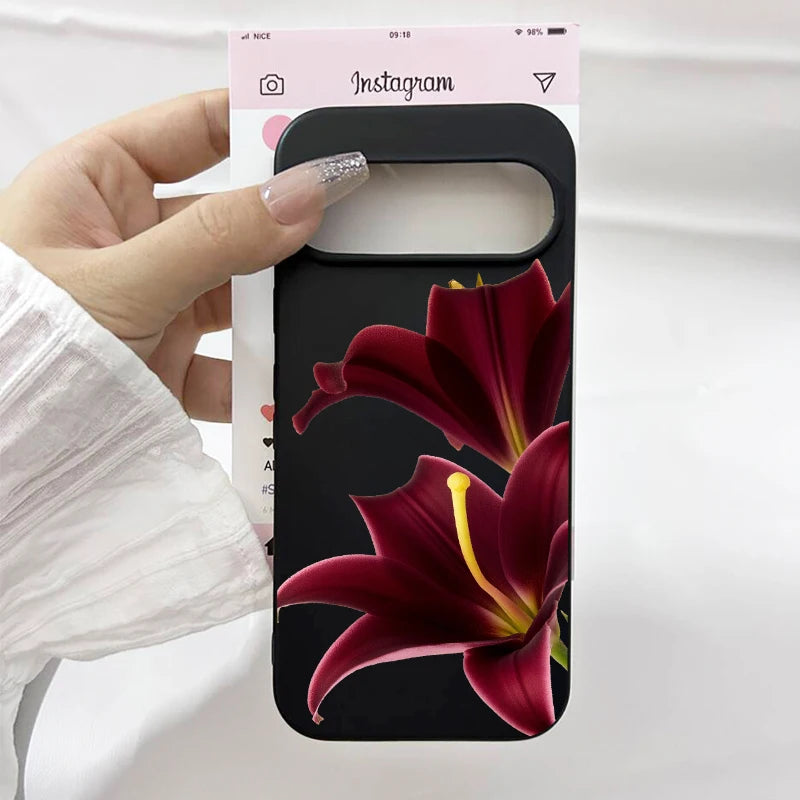 Pink Lily Flower Pattern Phone Case For Google Pixel 10 Pro XL 9 8A 9 8 Pro 7 6A 5G INS Cute Floral Clear Soft TPU Cover Fundas