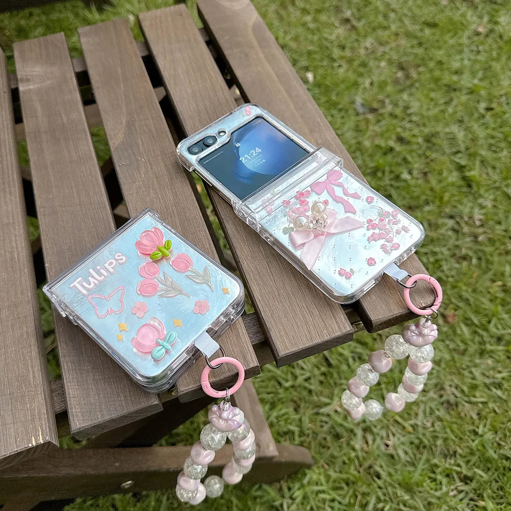 Korean Cute Bowkont Flower Ornament Hinge Phone Case For Samsung Galaxy Z Flip 7 6 5 Flip6 Flip5 Flip7 Cases Cover with Chain
