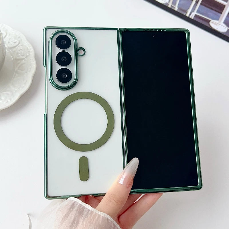 Electroplated Transparent Magnetic Case For Samsung Galaxy Z Fold 3 4 5 6 7 ZFold7 Fold6 5G Plating Clear Shockproof Back Cover