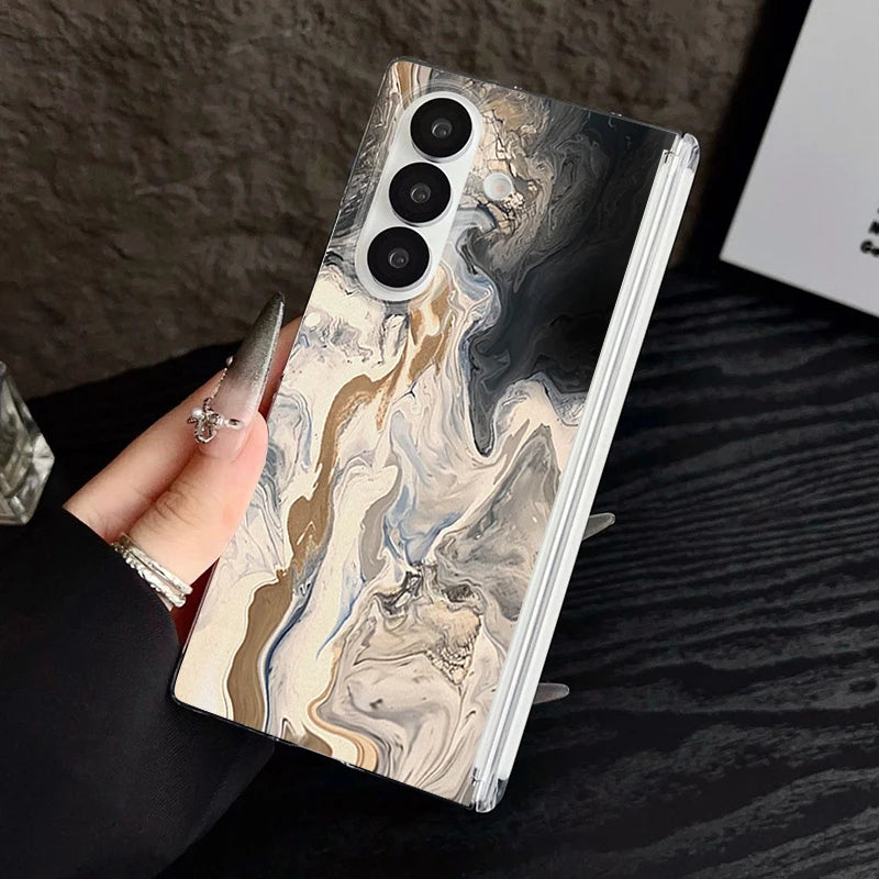 Magnetic Adsorption Clear Case For Samsung Galaxy Z Fold 7 6 5 Fold7 Fold6 Fold5 5G Retro Marble Pattern Shockproof Phone Cover