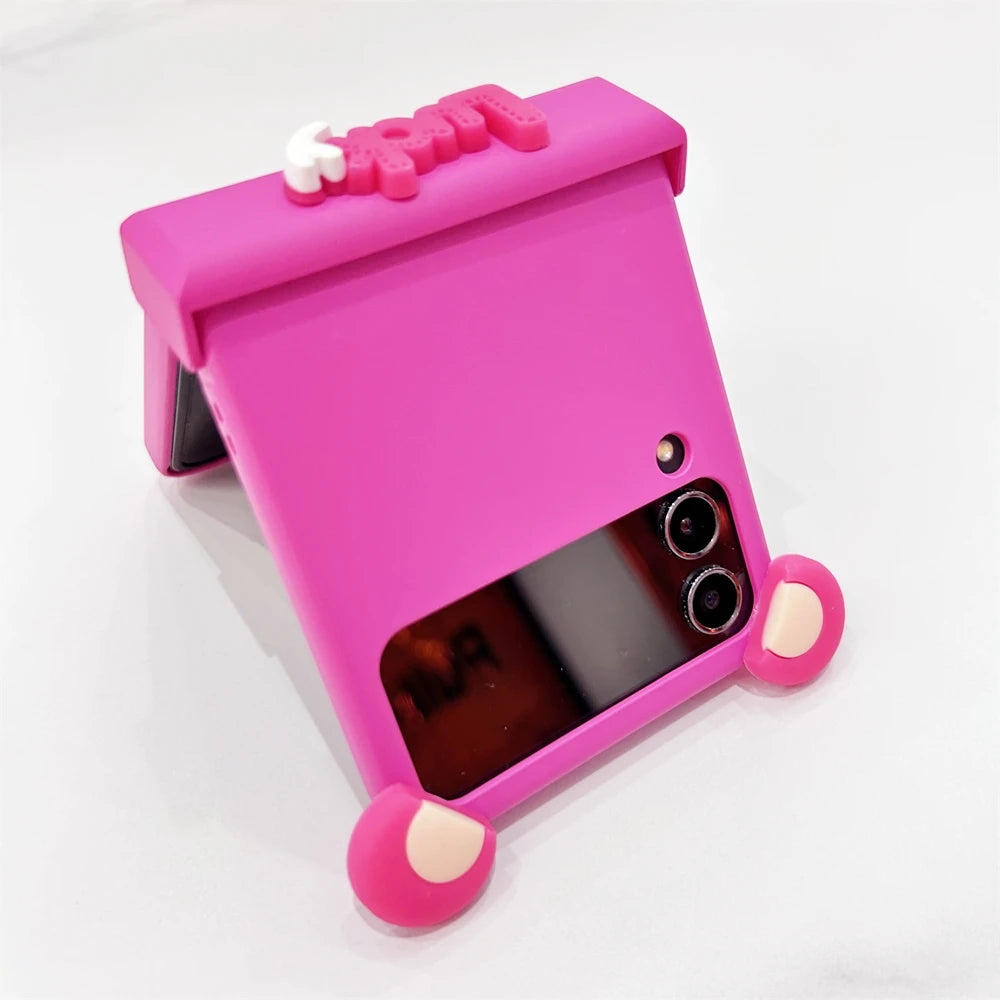 Korean Cute Pink Bear Ear Lucky Phone Case For Samsung Galaxy Z Flip 6 Zflip5 Cartoon For Z Flip3 Flip4 Hinge Protective Shell