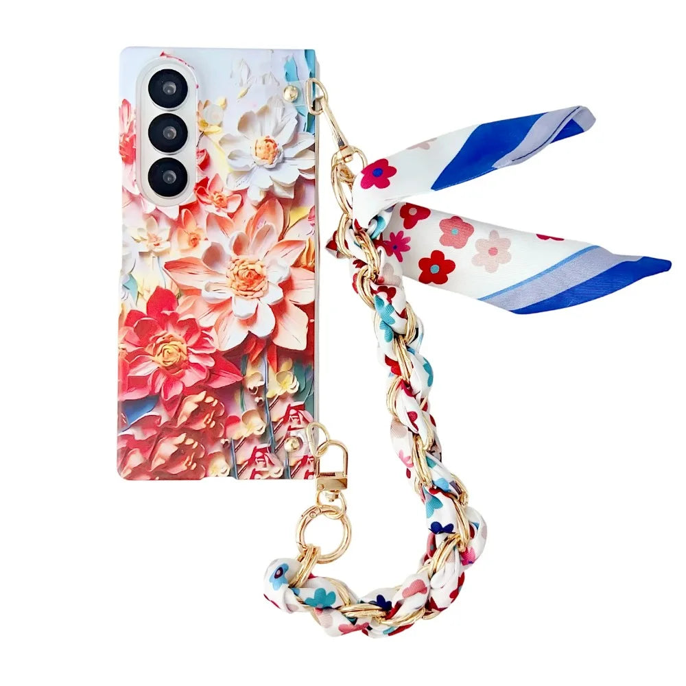 Classic Stylish Silk Wrist Strap Floating Flower Hard Phone Case for Samsung Galaxy Z Fold 7 5G 2025 Dopamine Protective Cover