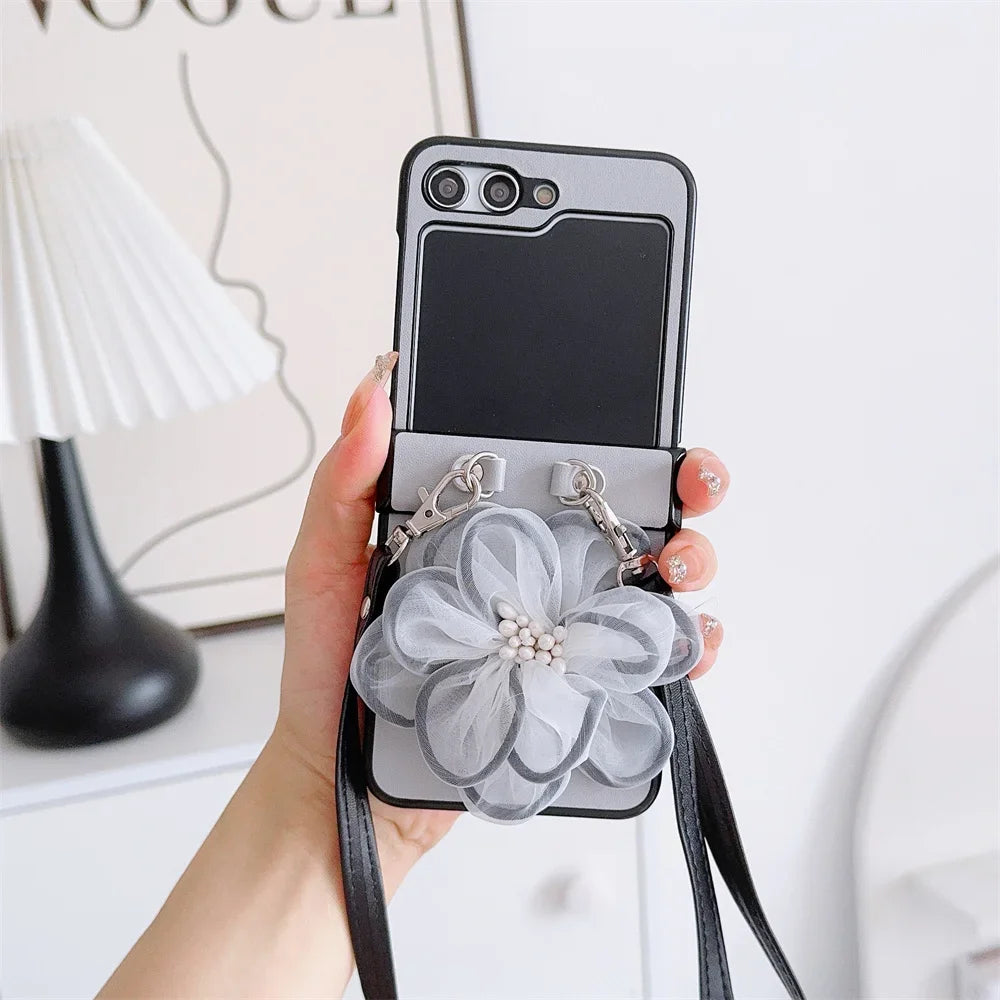 3D Cute Yarn Flower Crossbody Lanyard Phone Case For Samsung Galaxy Z Flip 6 5 4 3 5G Hard Hinge Protective PU Leather Cover