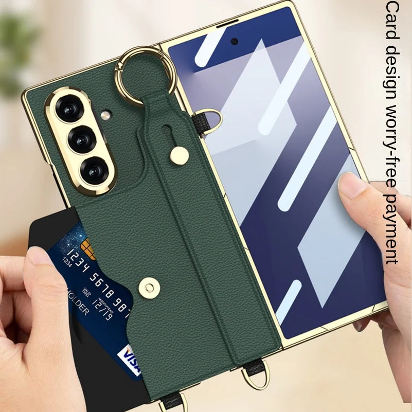 Gold Wristband Bracelet Electroplated Plain Leather Card Slot Glass Protect Case for Samsung Galaxy Z Fold7 Fold 7 6 Cover