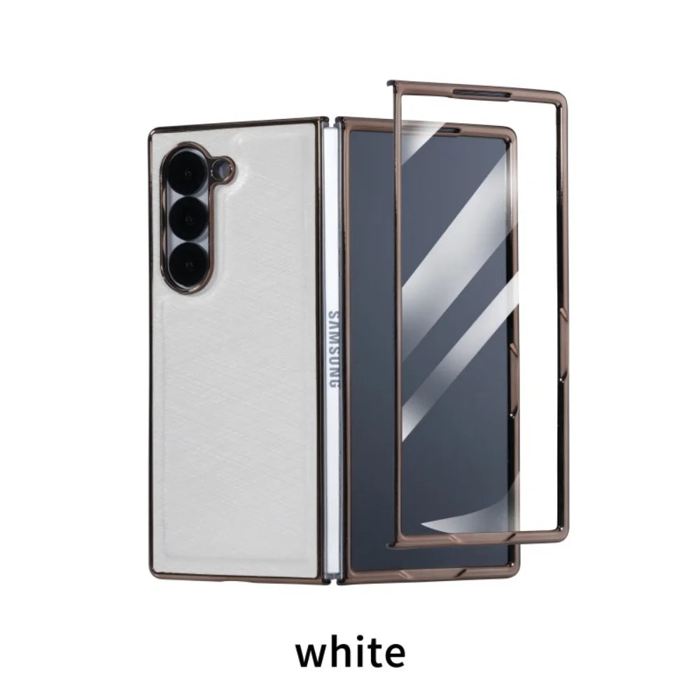 For Samsung Z Fold 7 Leather Case Luxury PC Electroplate Built-in Screen Protector Full Body Cover for Samsung Galaxy Z Fold 6 5