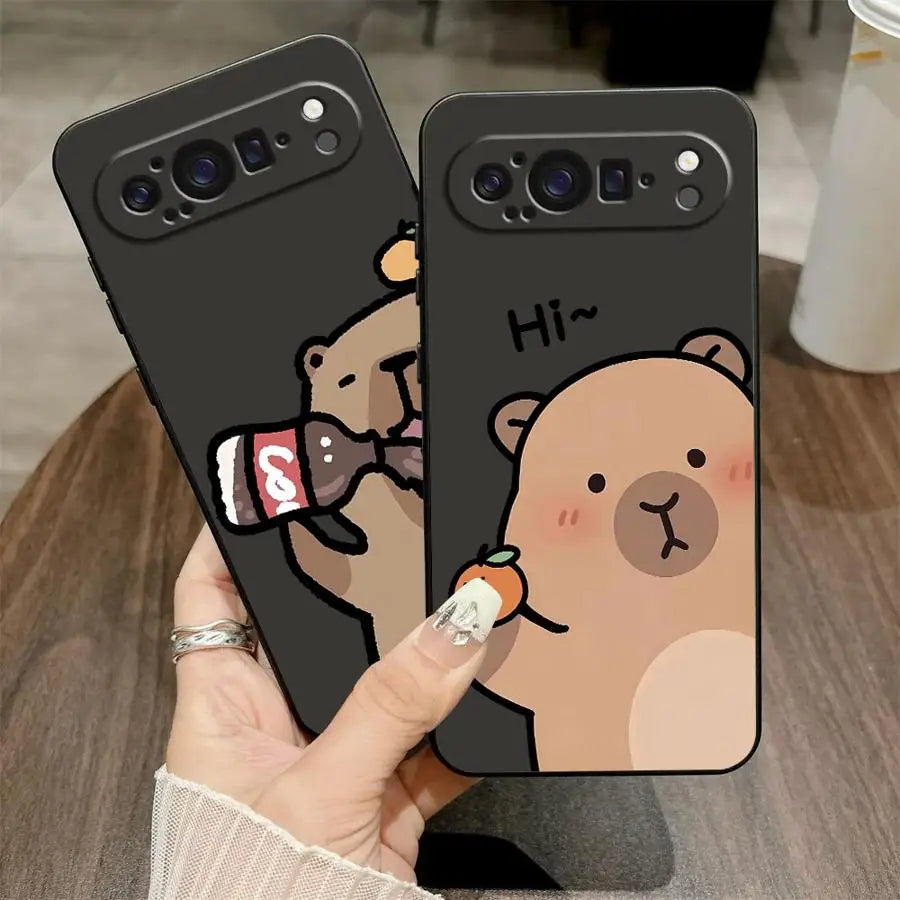 Phone Case for Google Pixel 7a 6 7 8 Pro 9a 10 9 Pro XL 8a 6a Black Soft Shell Cute Capybara Cartoon