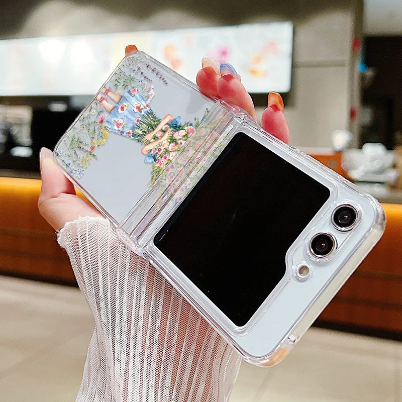 Flower Pattern Folding Case For Samsung Galaxy Z Flip7 FE Flip7 Flip6 Clear Shockproof Cover For Samsung Galaxy Z Flip 7 6 5 4 3