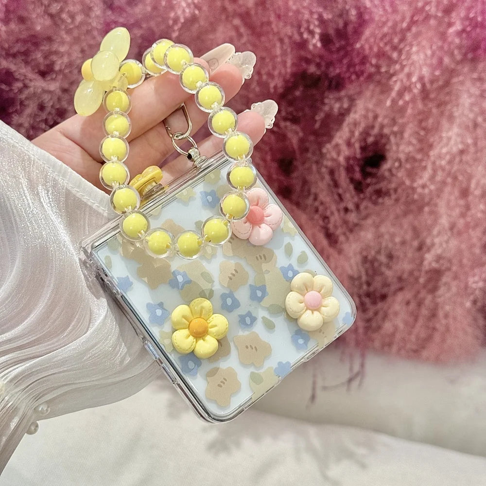 Cute 3D Flower Beads Wrist Chain Case for Samsung Galaxy Z Flip 7 6 5 zflip 3 4 Flip7 Bracelet Hard Acrylic Ins Korean Cover