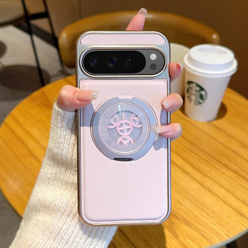 For Google Pixel 8 9 10 Pro XL 9A Magnetic rotatable  Kickstand Gear relieve stress Hybrid TPU+PC PU Leather Luxury Back Case