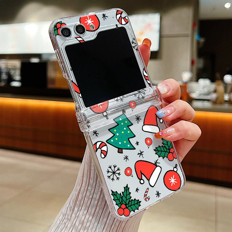 Christmas Print Transparent Phone Case For Samsung Galaxy Z Flip 7 FE 6 5 4 3 5G Folding Hard PC Cover For Samsung Z Flip7 Flip6