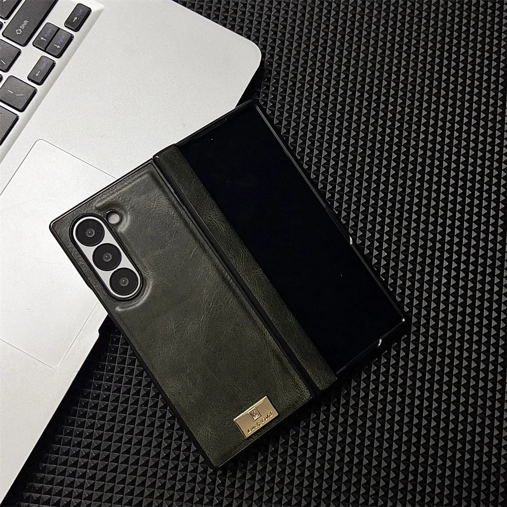 Retro Leather Hard Shell Shockproof Phone Case for Samsung Galaxy Z Fold 6 5 4 3 Fold6 Fold5 Fold4 Fold3 Hinge Protective Cover