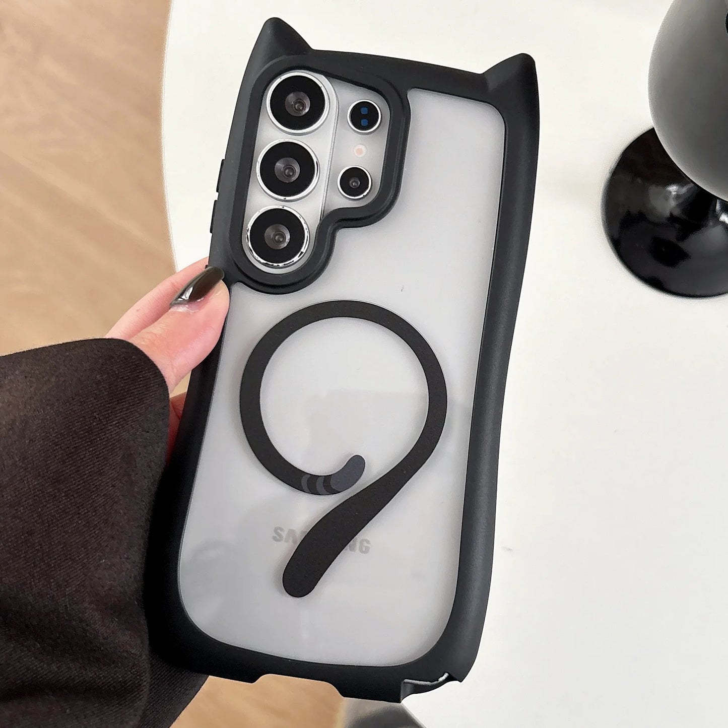 Lovely Cat Ear For Samsung Galaxy S26 Ultra Magnetic Wireless Charging Case For Samsung S26 Plus S25 S24 Transparent Hard Cover
