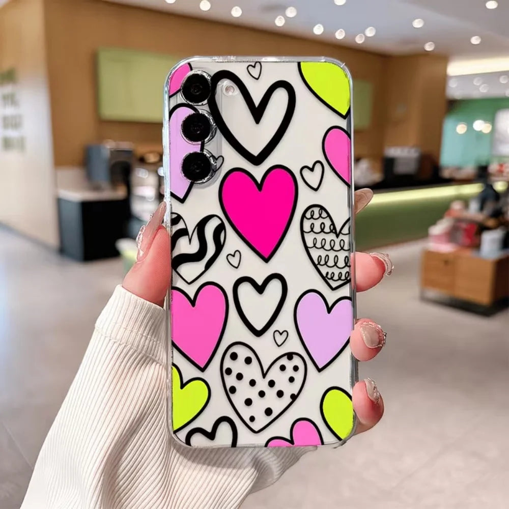 Heart Shape Graffiti Clear TPU Phone Case For Samsung Galaxy S26 S25 S24 S23 S22 S21 S20 Ultra Plus FE Edge 2022 5G Slim Cover