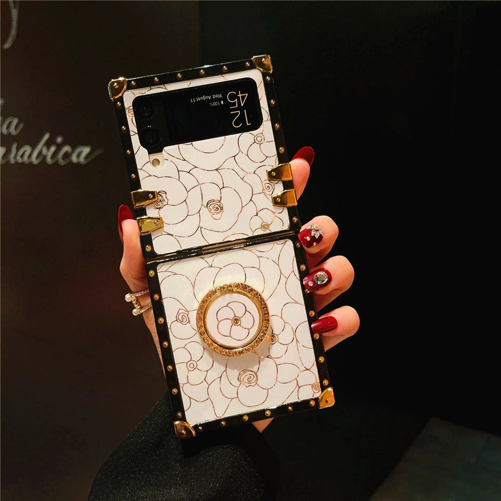 Luxury Shockproof Cover Retro Glitter Gold Line Rose Flower Phone Case for Samsung Galaxy Z Flip 7 Flip 6 Z Flip 5 Flip 4 Flip 3