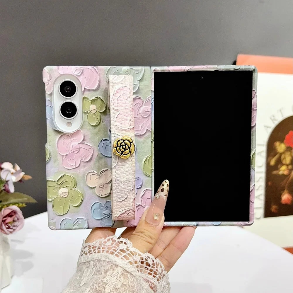 INS Relief Colorful Oil Painting Flower Lanyard All-inclusive Case For Samsung Galaxy Z Fold 8 Ultra Fold 7 Wrist Strap PC Cover