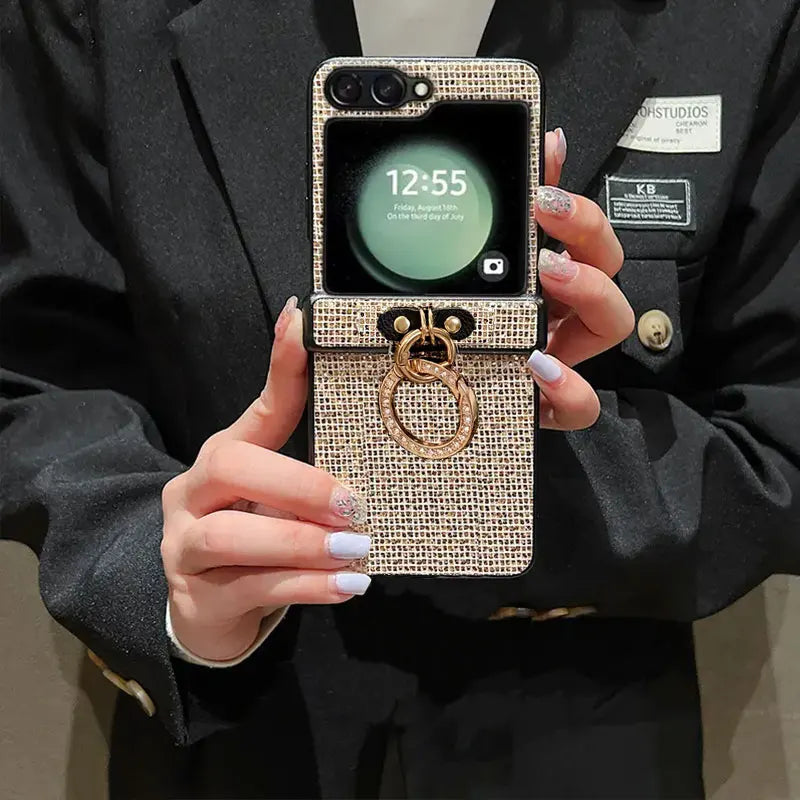 Artificial Diamond-Plated Ring Buckle Phone Case for Samsung Galaxy Z Flip 7 6 5 4 3 Series  Featuring a Luxurious Design Shiny