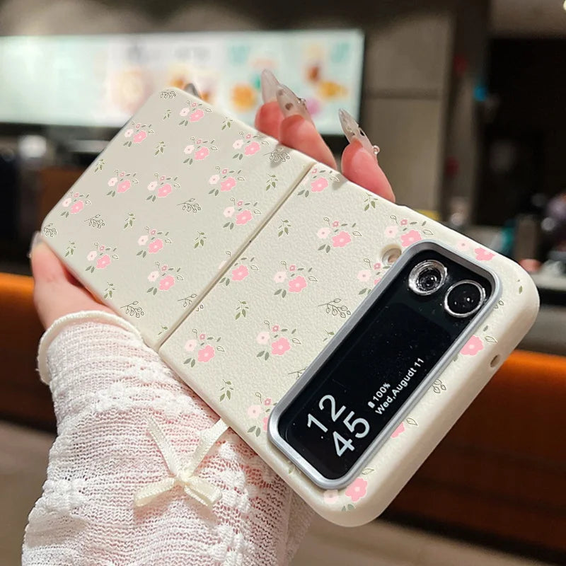Small Pink Flower Case For Samsung Galaxy Z Flip 6 5 4 3 Leather Texture Silicone Folding Cover For Samsung Z Flip6 Flip5 Flip4