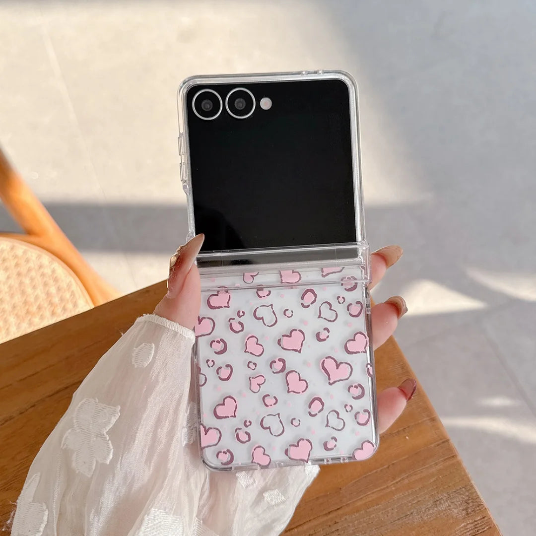 Transparent Love Heart Pink Phone Case For Samsung Galaxy Z Flip7 FE Flip 7 6 5 5G Flip5 Flip6 Shockproof Bumper Hard PC Cover