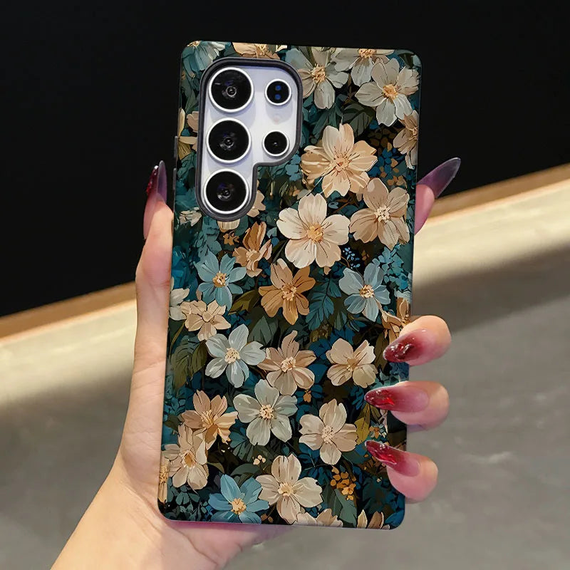 Retro Flower 2 IN 1 Film shell Phone Case For Samsung S25 S24 S23 S22 S21 Plus Ultra S25 Edge S20 FE A56 A16 15 26 36 Cover